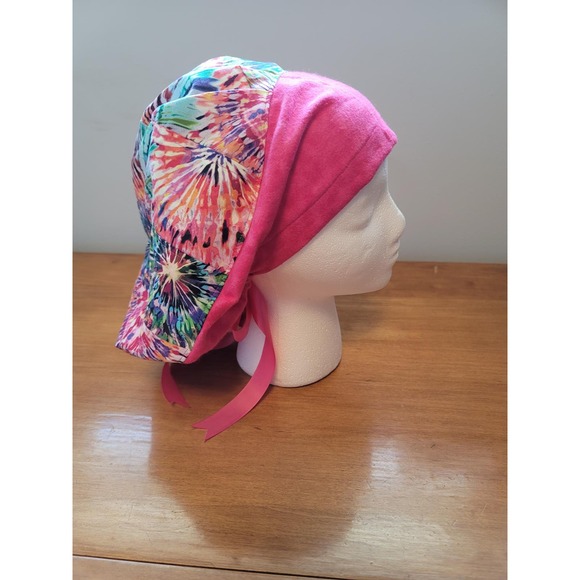 Surgical Dental Chemo Hat Bouffant Style Tie Dye with Pink Flannel Satin Ribbons - Picture 3 of 5